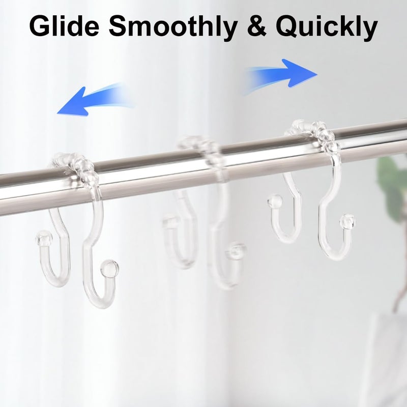 Resze Shower Curtain Hooks, 12 Pcs Clear Shower Curtain Rings, Plastic Glide Roller Shower Hooks, Rust Proof Anti-Drop Shower Rings, Smooth Sliding Double Hooks for Bathroom Shower Rods Curtains - Image 4